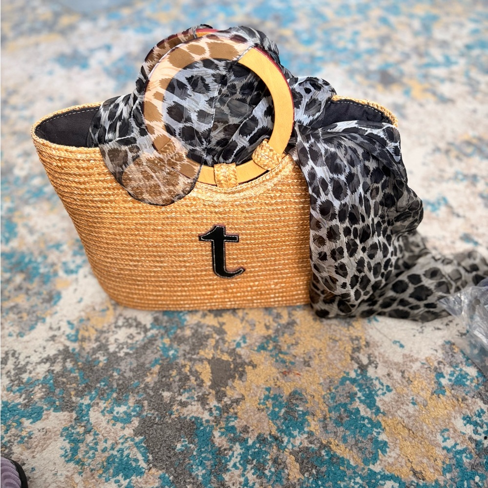 Tan Woven Tote with Black Letter Accent